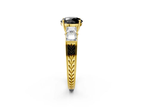 Yellow gold Fancy Black Round Cut Solitaire Princess Side Stone Engraved Band Prong Setting Ring_2