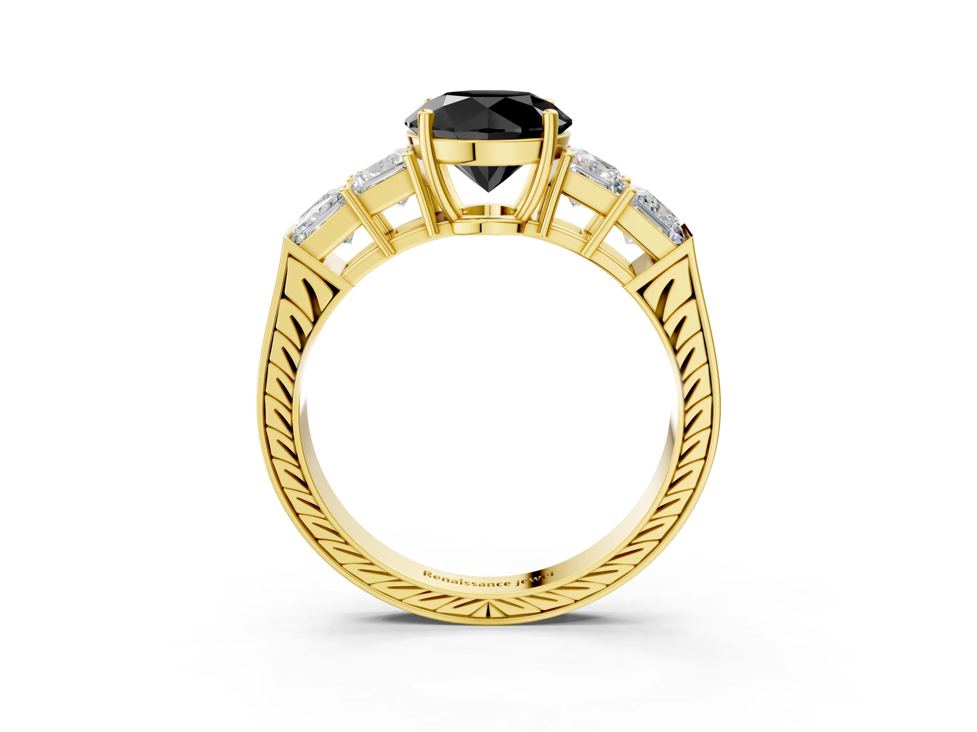 Yellow gold Fancy Black Round Cut Solitaire Princess Side Stone Engraved Band Prong Setting Ring_3