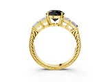 Yellow gold Fancy Black Round Cut Solitaire Princess Side Stone Engraved Band Prong Setting Ring_3