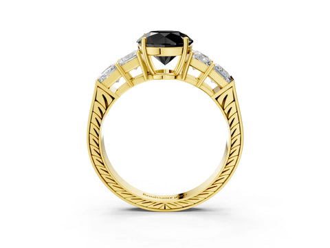 Yellow gold Fancy Black Round Cut Solitaire Princess Side Stone Engraved Band Prong Setting Ring_3