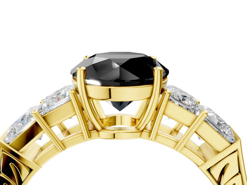 Yellow gold Fancy Black Round Cut Solitaire Princess Side Stone Engraved Band Prong Setting Ring_4