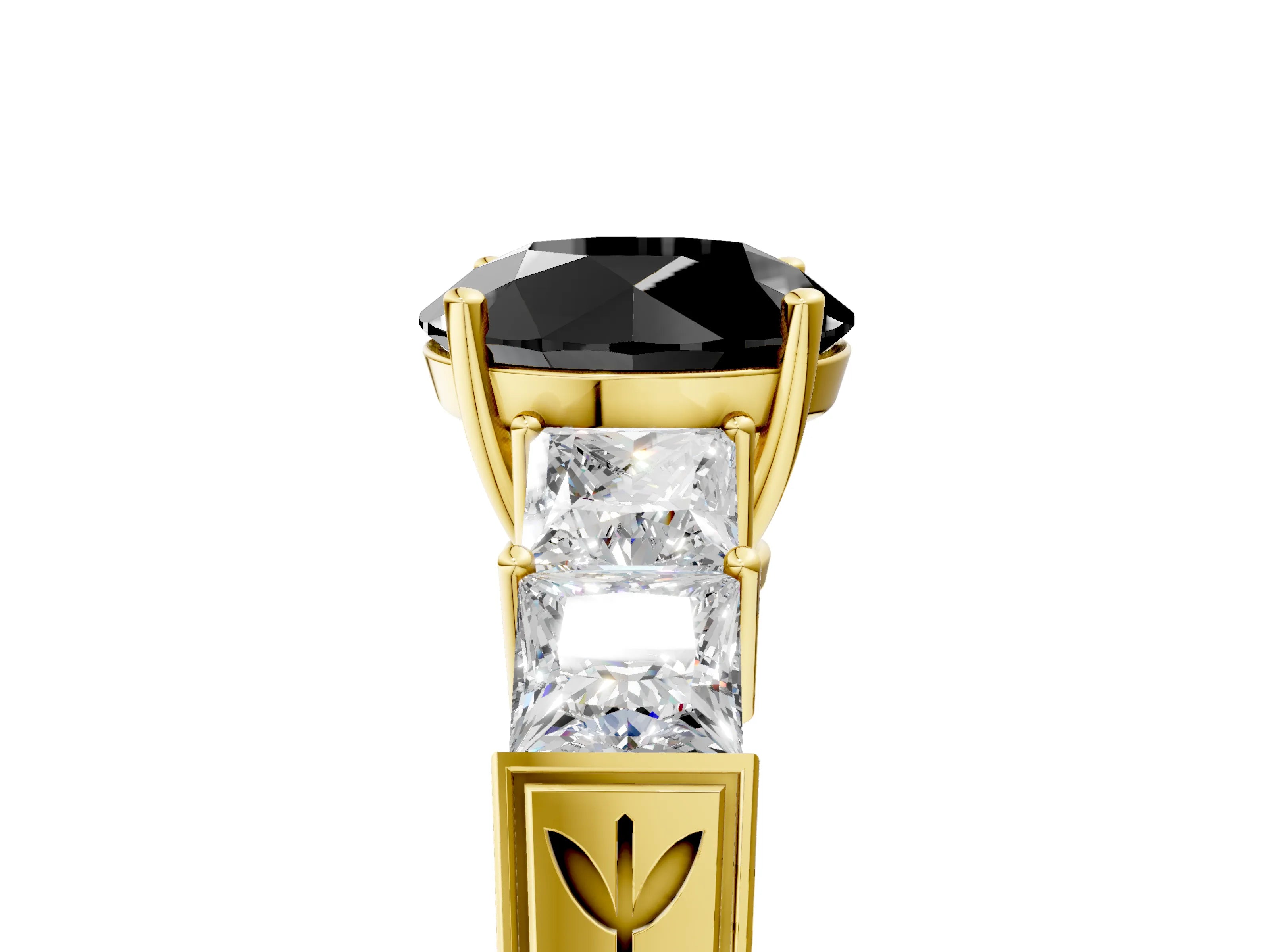 Yellow gold Fancy Black Round Cut Solitaire Princess Side Stone Engraved Band Prong Setting Ring_5