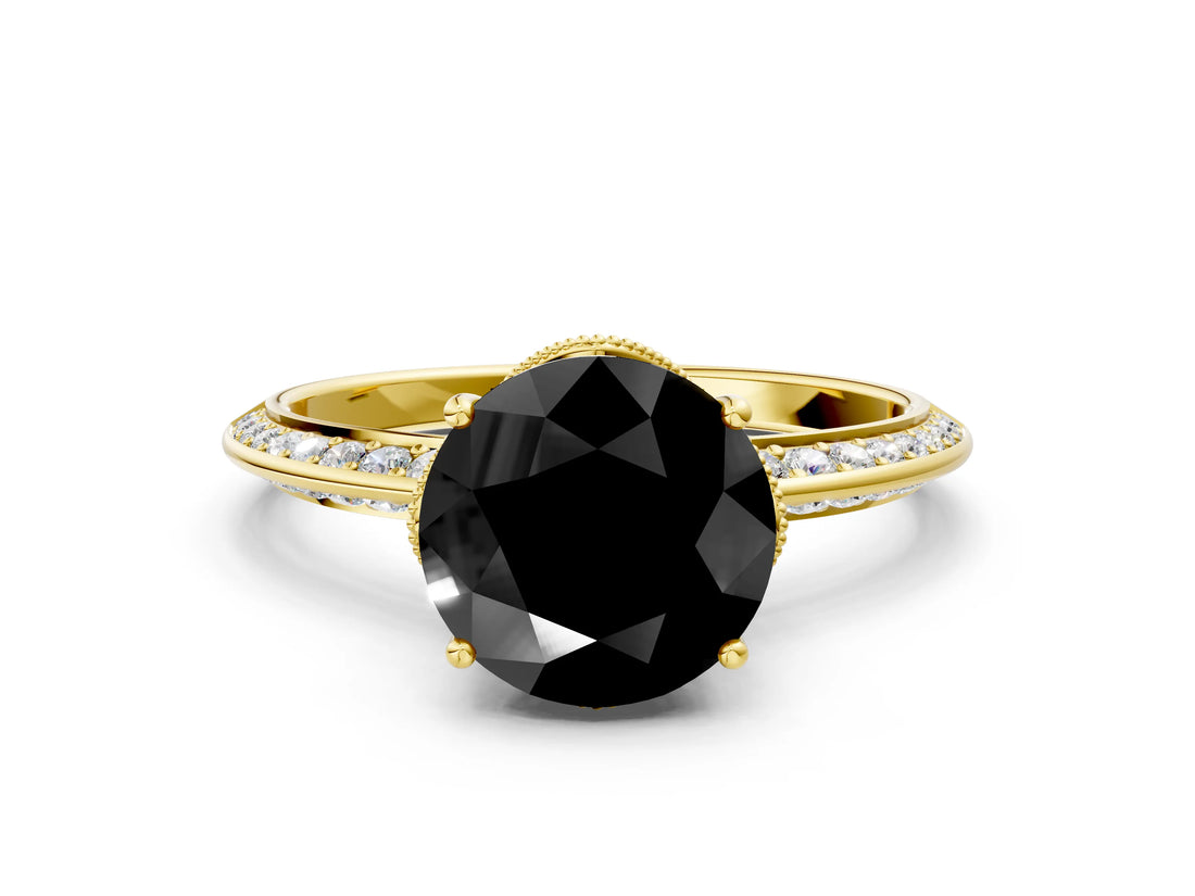 Yellow gold Fancy Black Round Cut Solitaire Split Shank Pave Diamond Engagement Ring with Four-Prong Setting