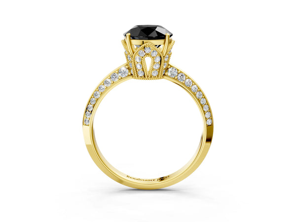 Yellow Gold Round Graduated Pave Engagement Ring Setting for Black Center