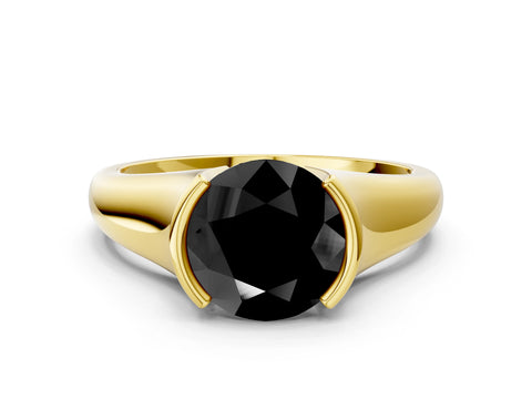 Yellow gold Fancy Black Round Cut Solitaire Tension Set Diamond Ring with Split Shank Band