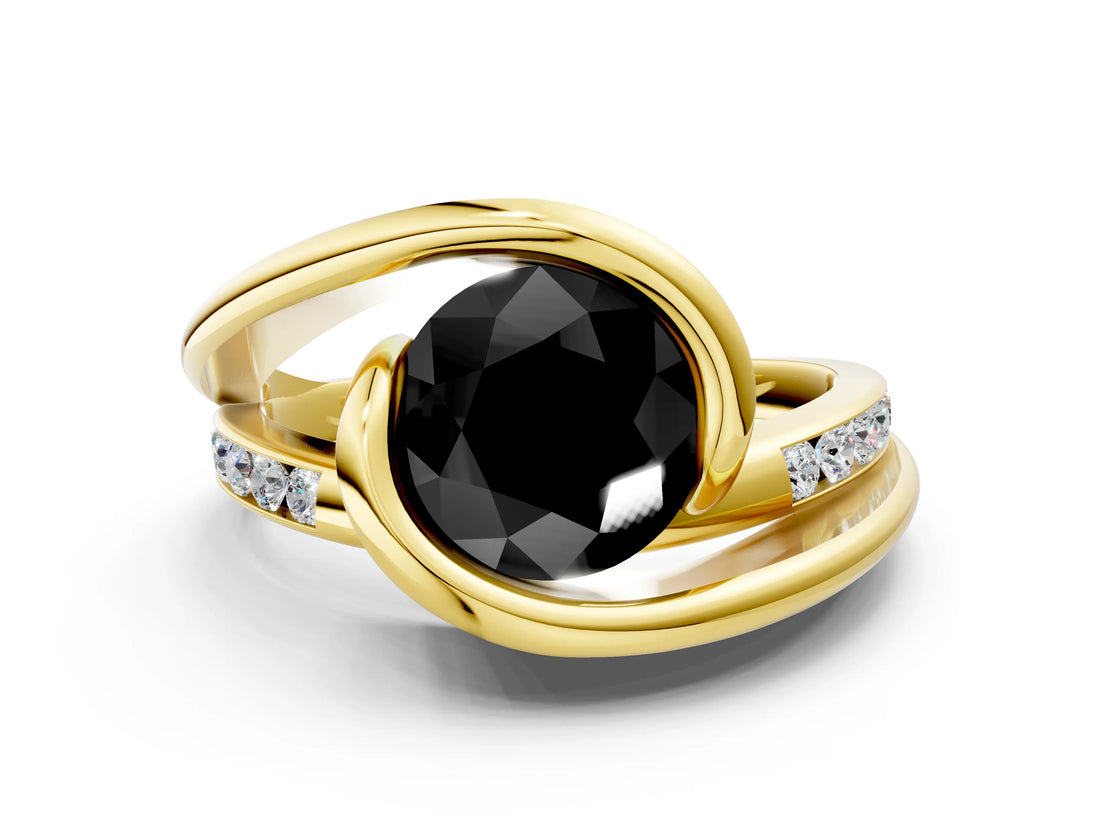 Yellow gold Fancy Black Round Cut Solitaire Tension-Set Diamond Split Shank Ring