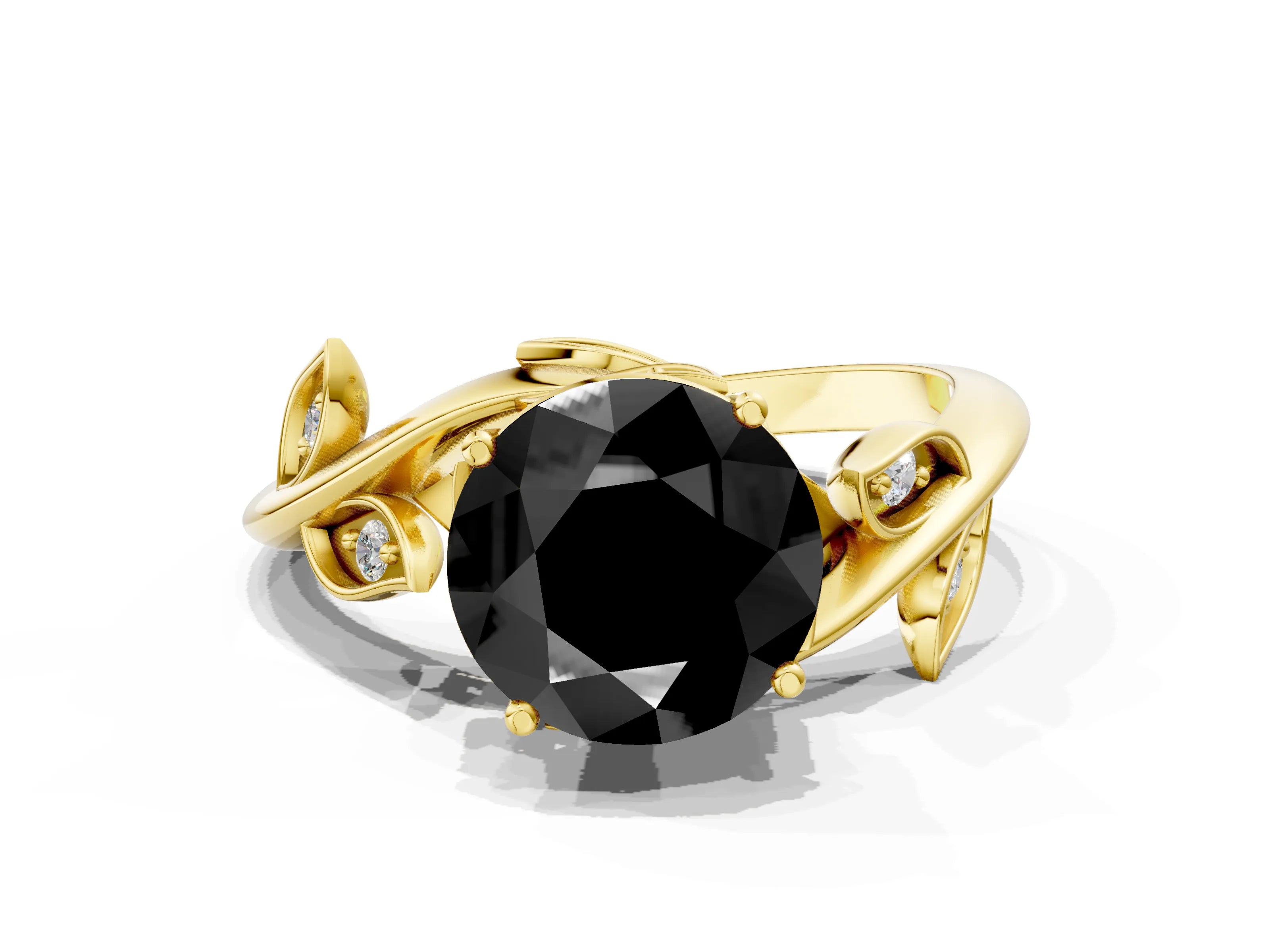 Yellow gold Fancy Black Round Cut Solitaire Twist Engagement Ring with Leaf Accents and Prong Setting