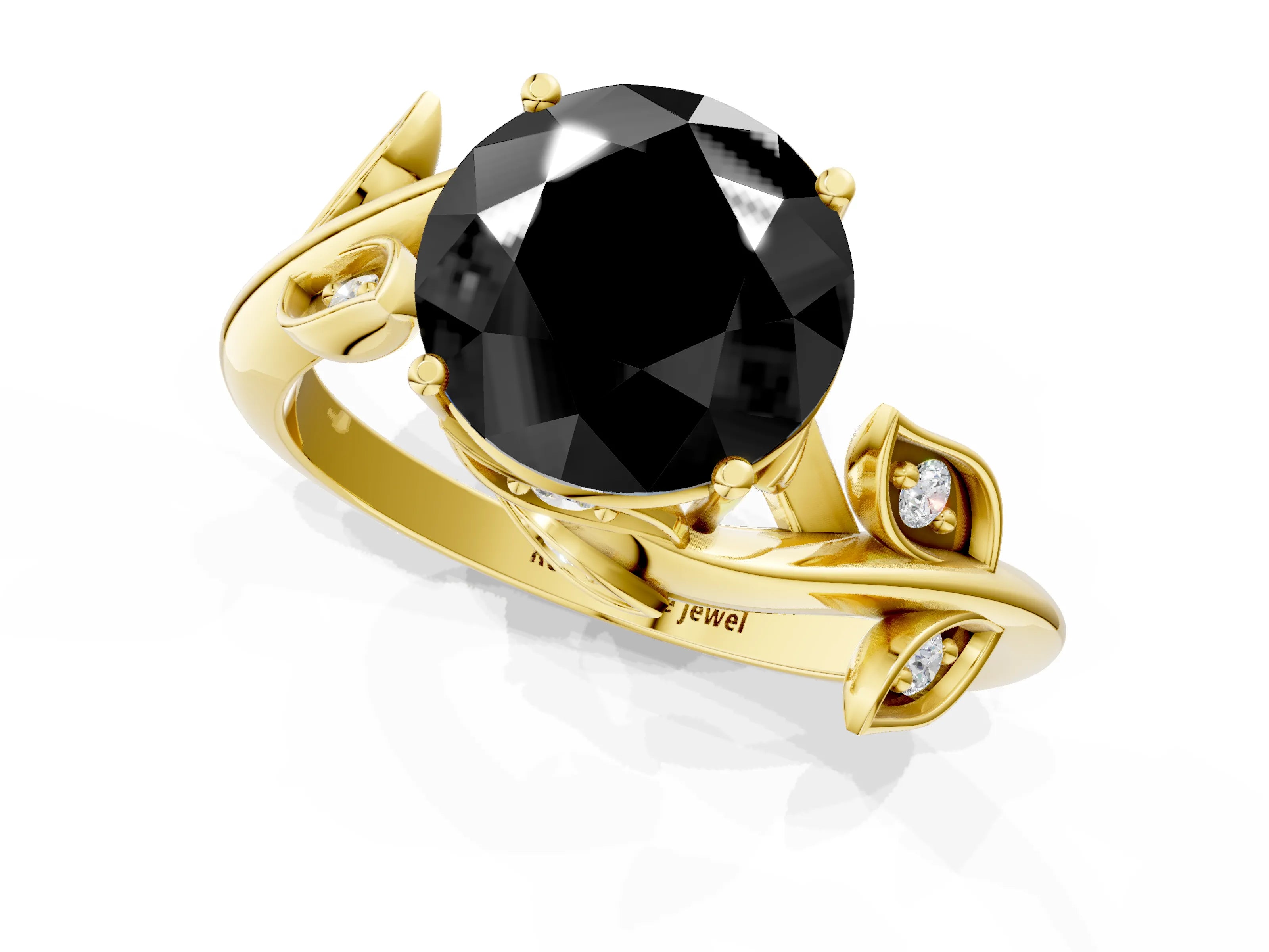 Yellow gold Fancy Black Round Cut Solitaire Twist Engagement Ring with Leaf Accents and Prong Setting_1