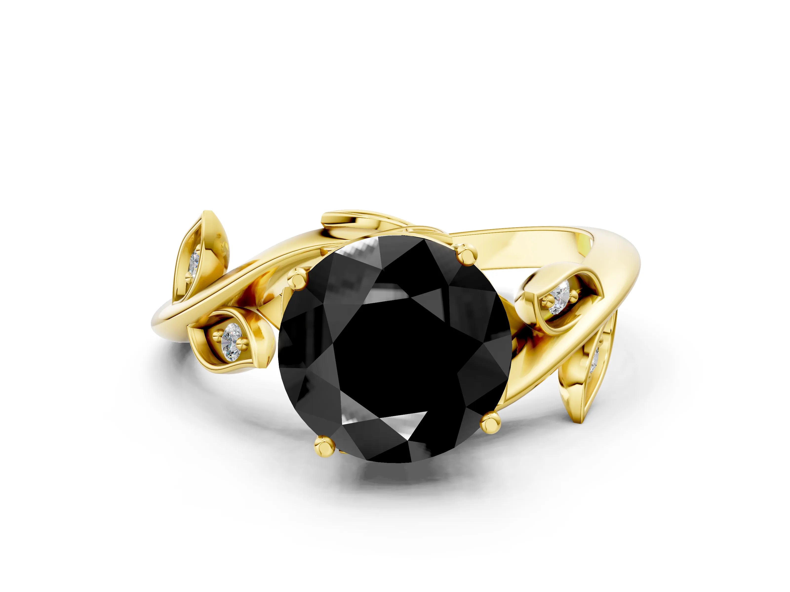 Yellow gold Fancy Black Round Cut Solitaire Twist Engagement Ring with Leaf Accents and Prong Setting_12