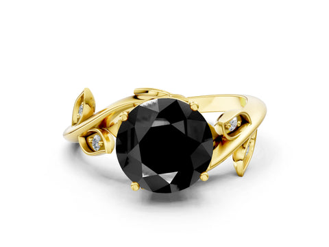 Yellow gold Fancy Black Round Cut Solitaire Twist Engagement Ring with Leaf Accents and Prong Setting_12