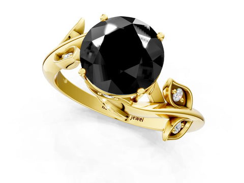 Yellow gold Fancy Black Round Cut Solitaire Twist Engagement Ring with Leaf Accents and Prong Setting_13