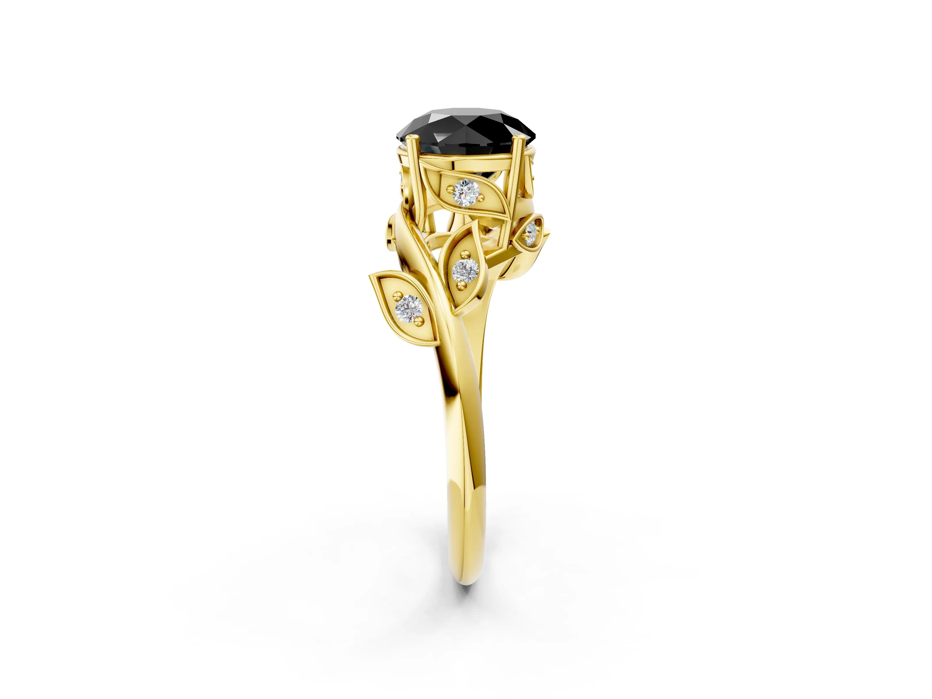 Yellow gold Fancy Black Round Cut Solitaire Twist Engagement Ring with Leaf Accents and Prong Setting_14