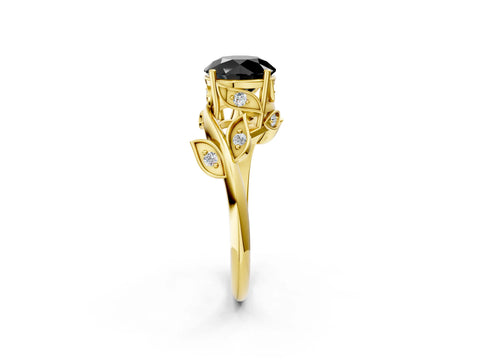 Yellow gold Fancy Black Round Cut Solitaire Twist Engagement Ring with Leaf Accents and Prong Setting_14