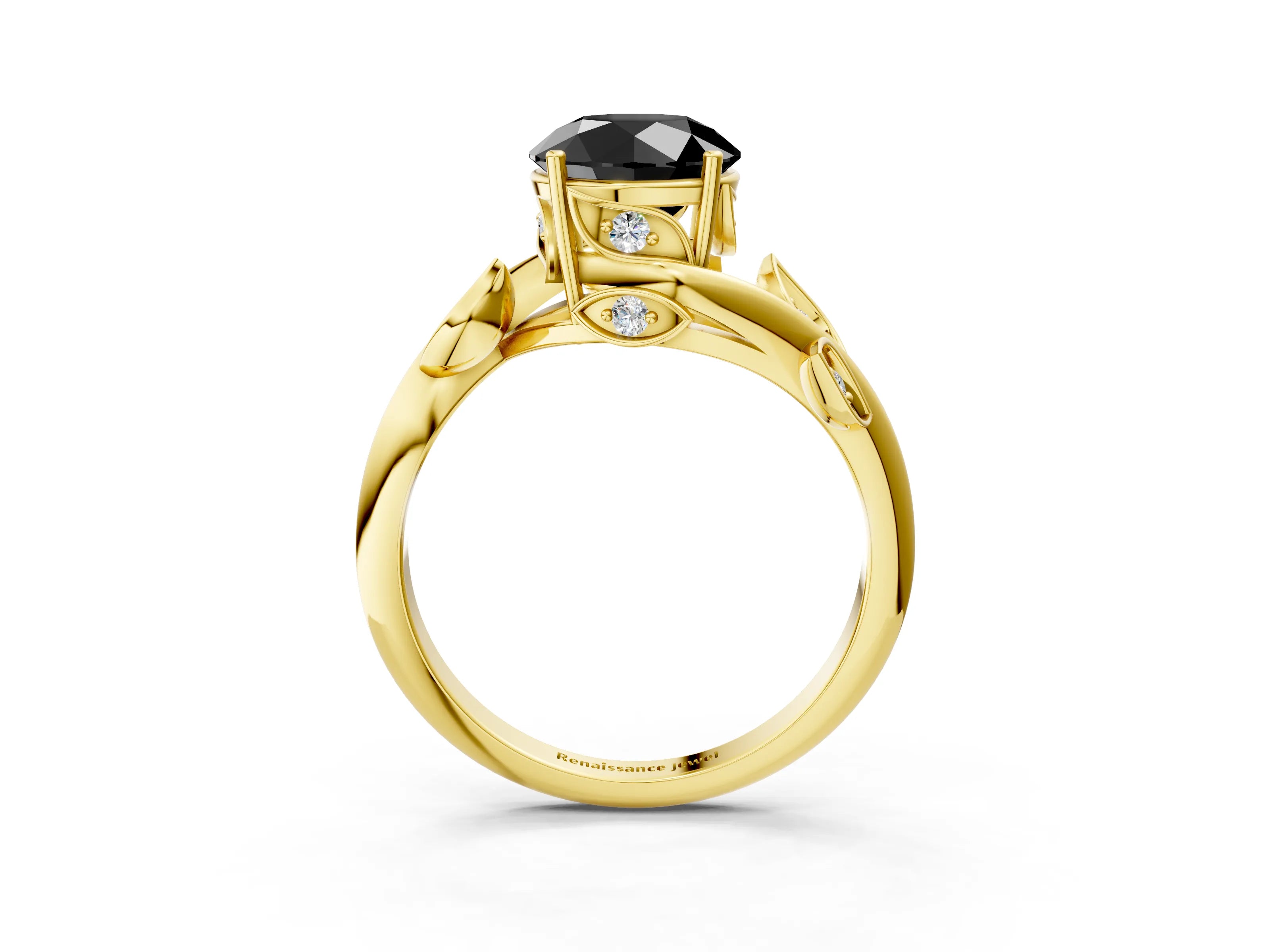 Yellow gold Fancy Black Round Cut Solitaire Twist Engagement Ring with Leaf Accents and Prong Setting_15