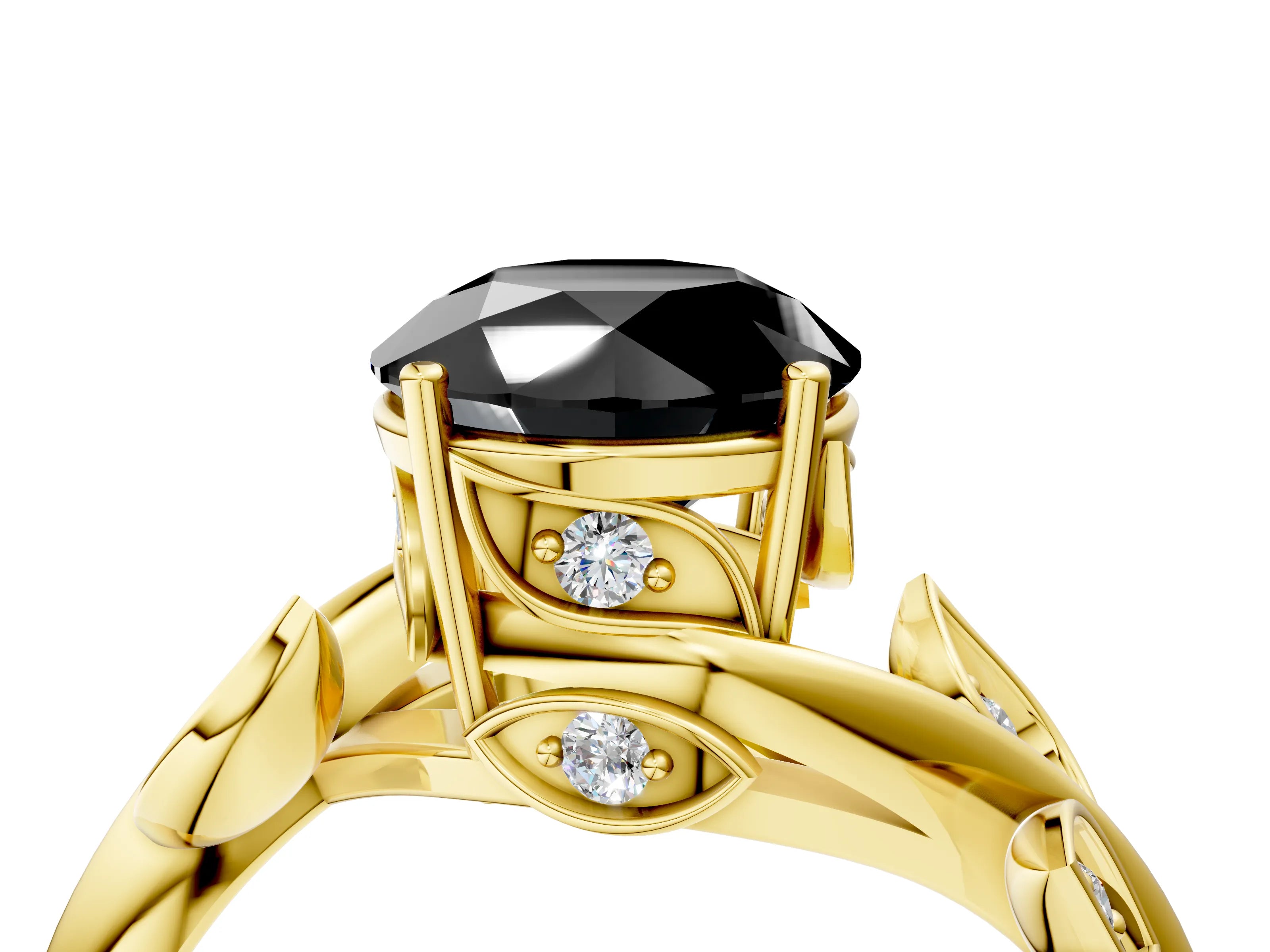 Yellow gold Fancy Black Round Cut Solitaire Twist Engagement Ring with Leaf Accents and Prong Setting_16