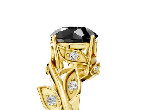 Yellow gold Fancy Black Round Cut Solitaire Twist Engagement Ring with Leaf Accents and Prong Setting_17