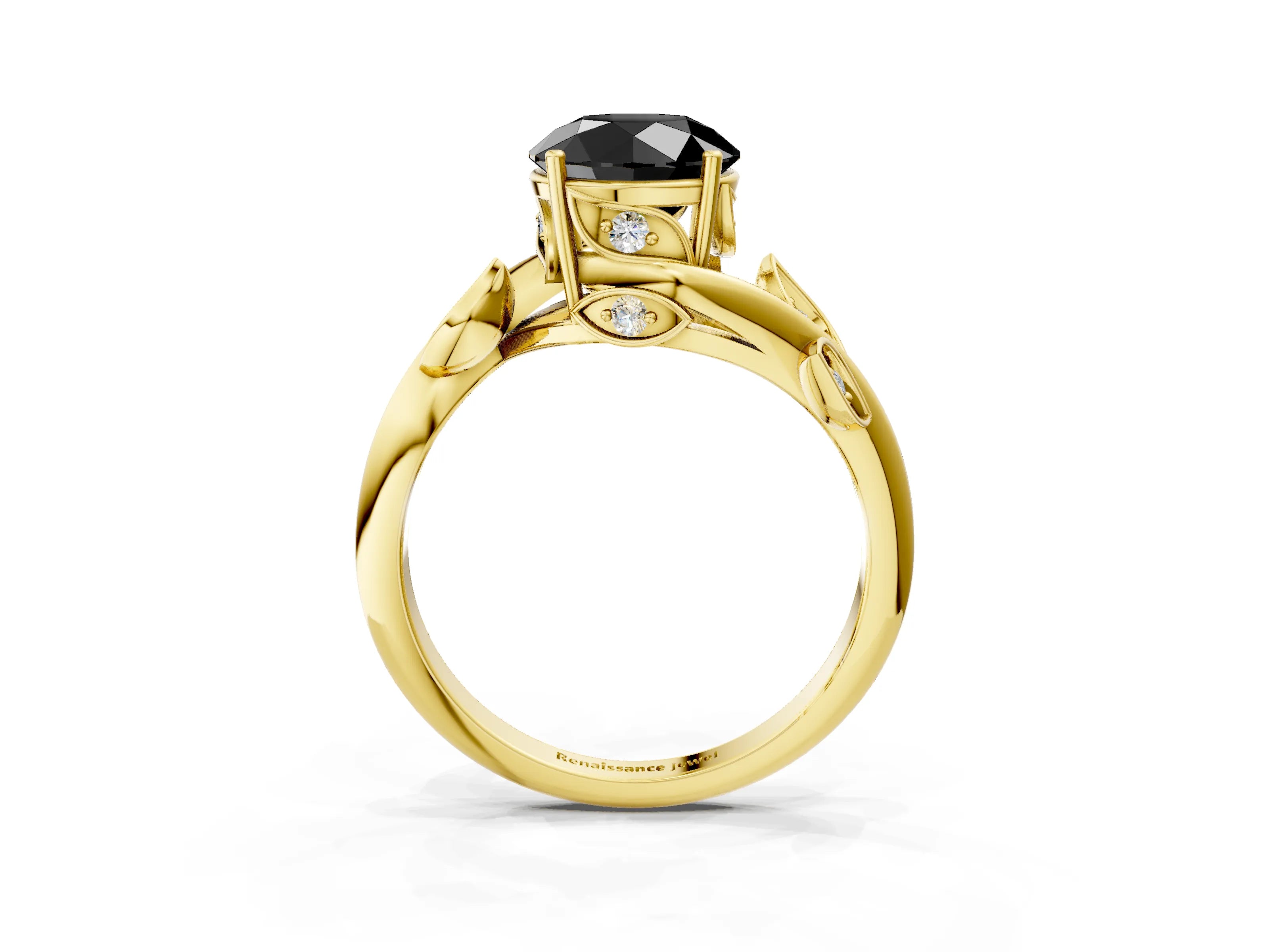 Yellow gold Fancy Black Round Cut Solitaire Twist Engagement Ring with Leaf Accents and Prong Setting_3