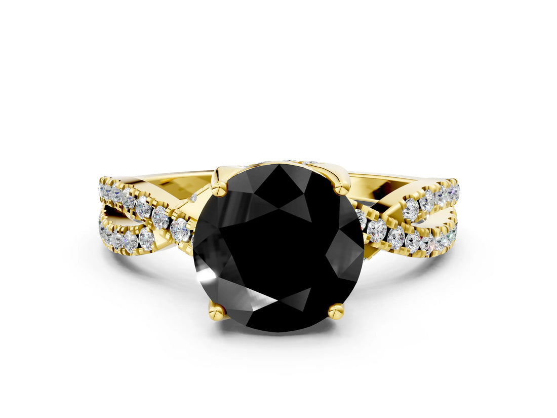 Yellow gold Fancy Black Round Cut Solitaire Twist Pave Diamond Engagement Ring with Prong Setting