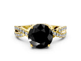 Yellow gold Fancy Black Round Cut Solitaire Twist Pave Diamond Engagement Ring with Prong Setting