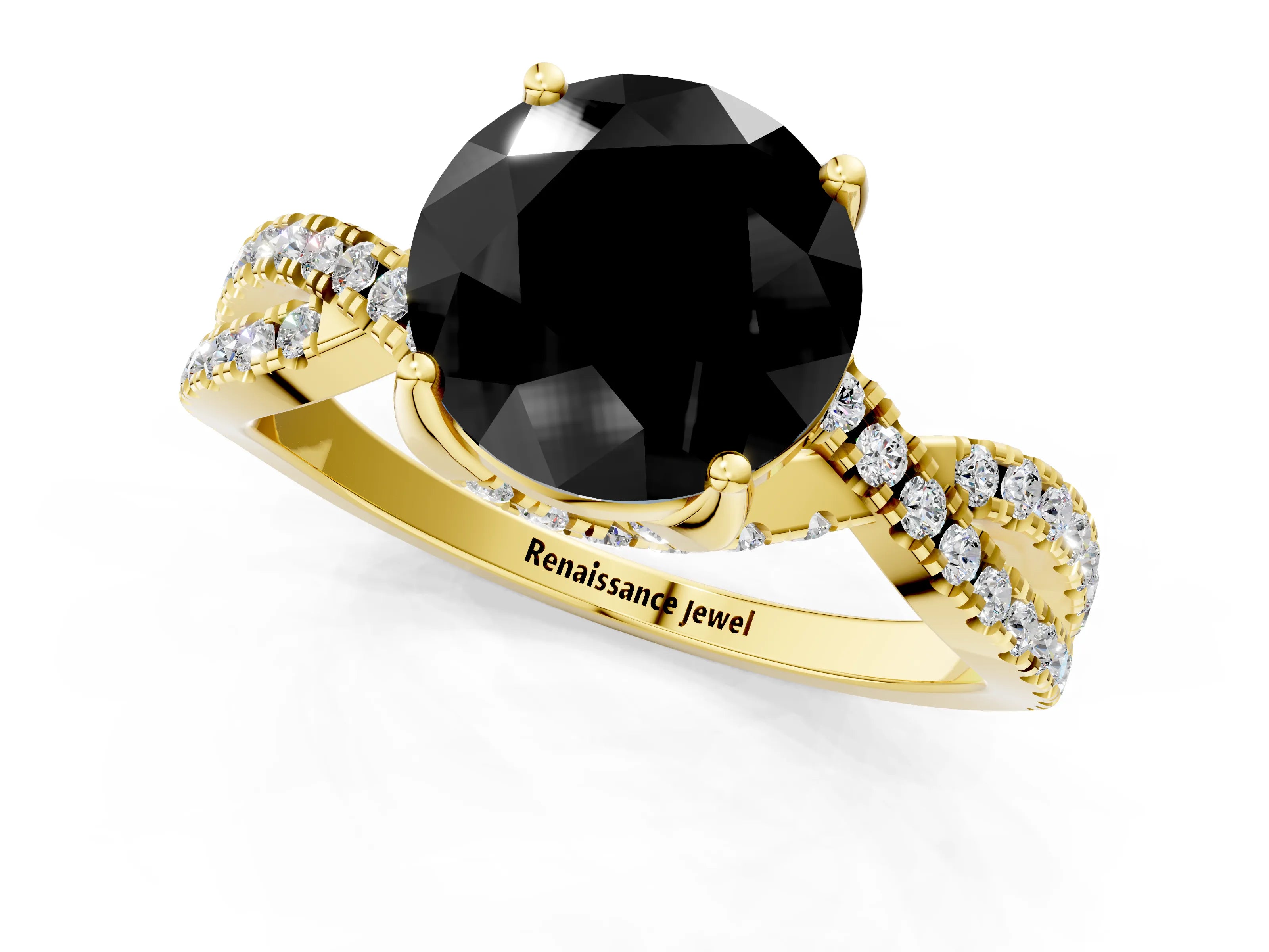 Yellow gold Fancy Black Round Cut Solitaire Twist Pave Diamond Engagement Ring with Prong Setting_1