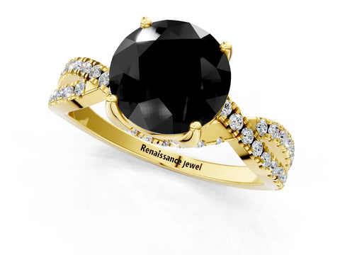 Yellow gold Fancy Black Round Cut Solitaire Twist Pave Diamond Engagement Ring with Prong Setting_1
