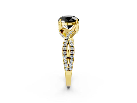Yellow gold Fancy Black Round Cut Solitaire Twist Pave Diamond Engagement Ring with Prong Setting_26