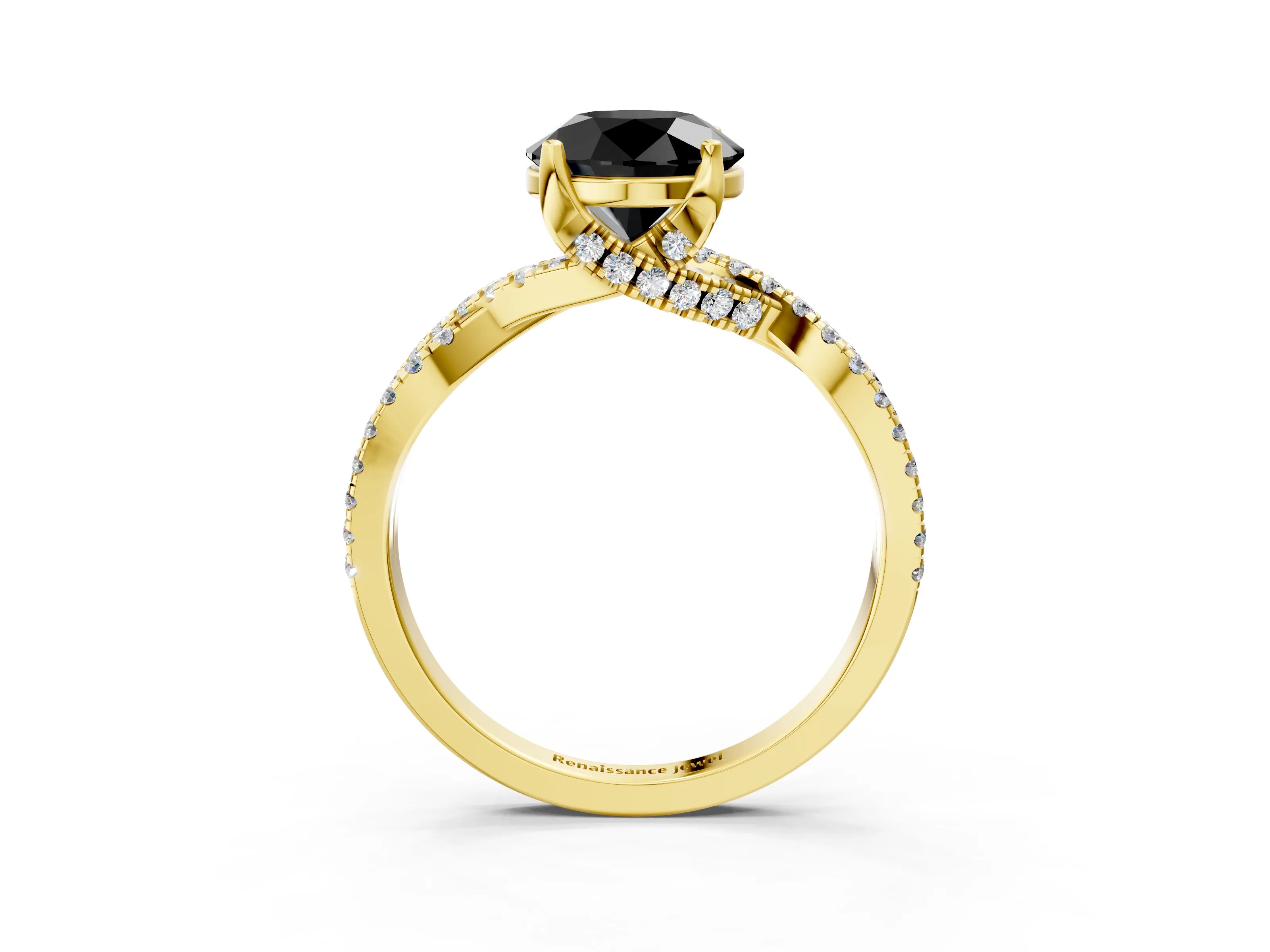 Yellow gold Fancy Black Round Cut Solitaire Twist Pave Diamond Engagement Ring with Prong Setting_3