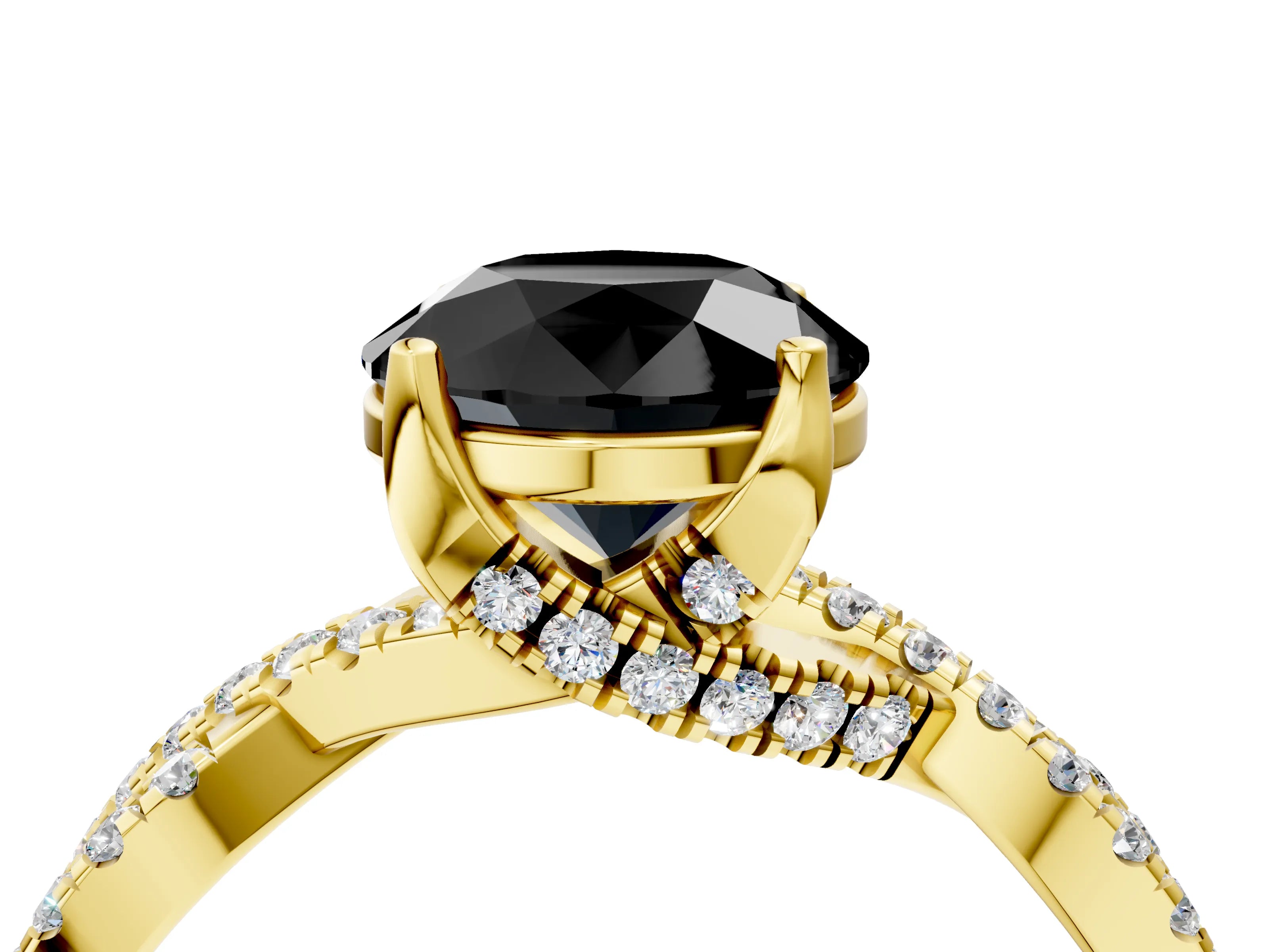 Yellow gold Fancy Black Round Cut Solitaire Twist Pave Diamond Engagement Ring with Prong Setting_4