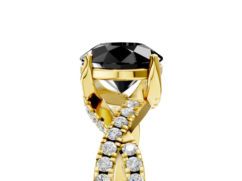 Yellow gold Fancy Black Round Cut Solitaire Twist Pave Diamond Engagement Ring with Prong Setting_5