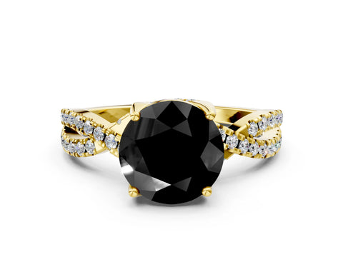 Yellow gold Fancy Black Round Cut Solitaire Twist Pave Diamond Engagement Ring with Prong Setting