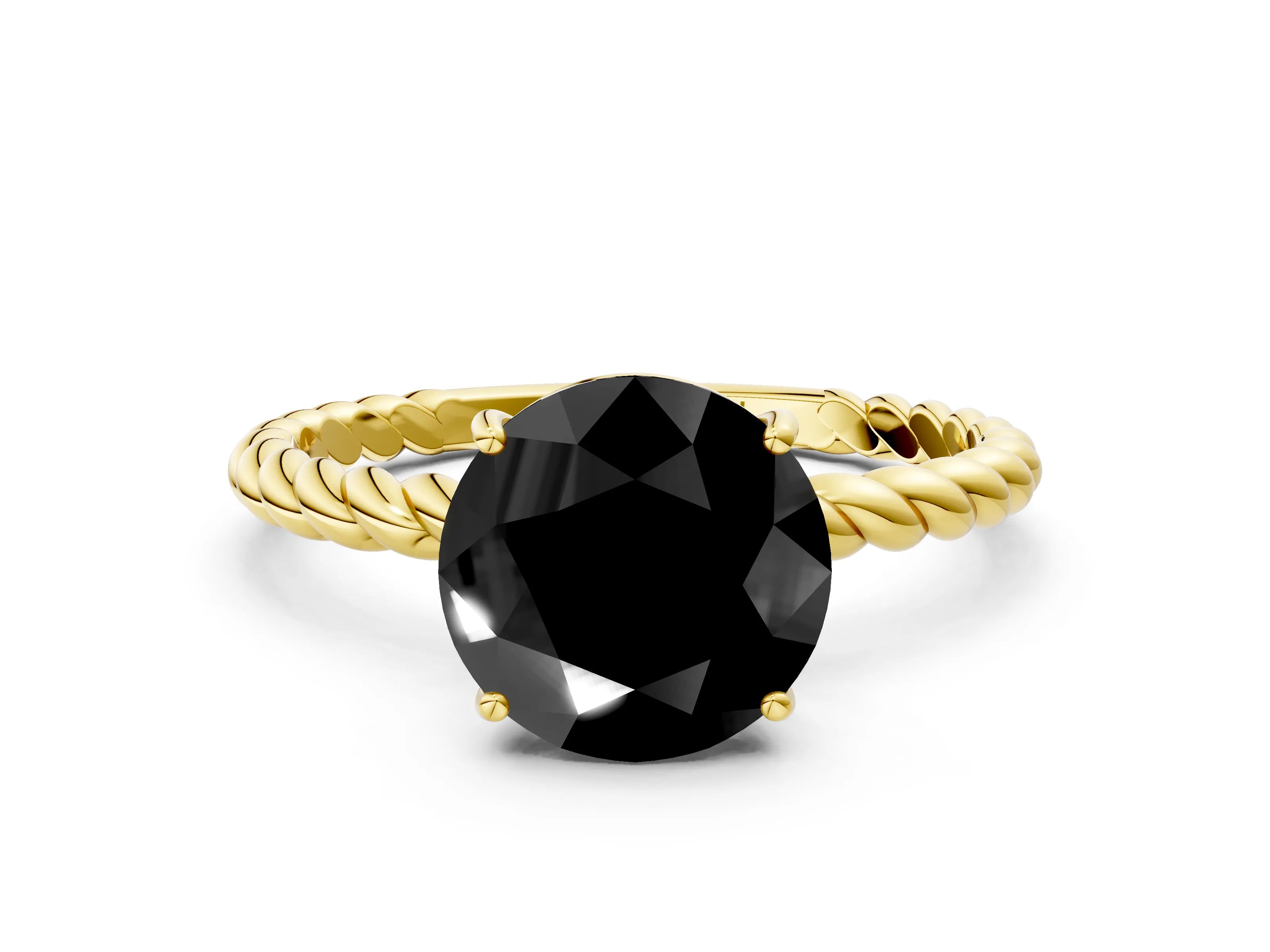 Yellow gold Fancy Black Round Cut Solitaire Twisted Band 4-Prong Ring