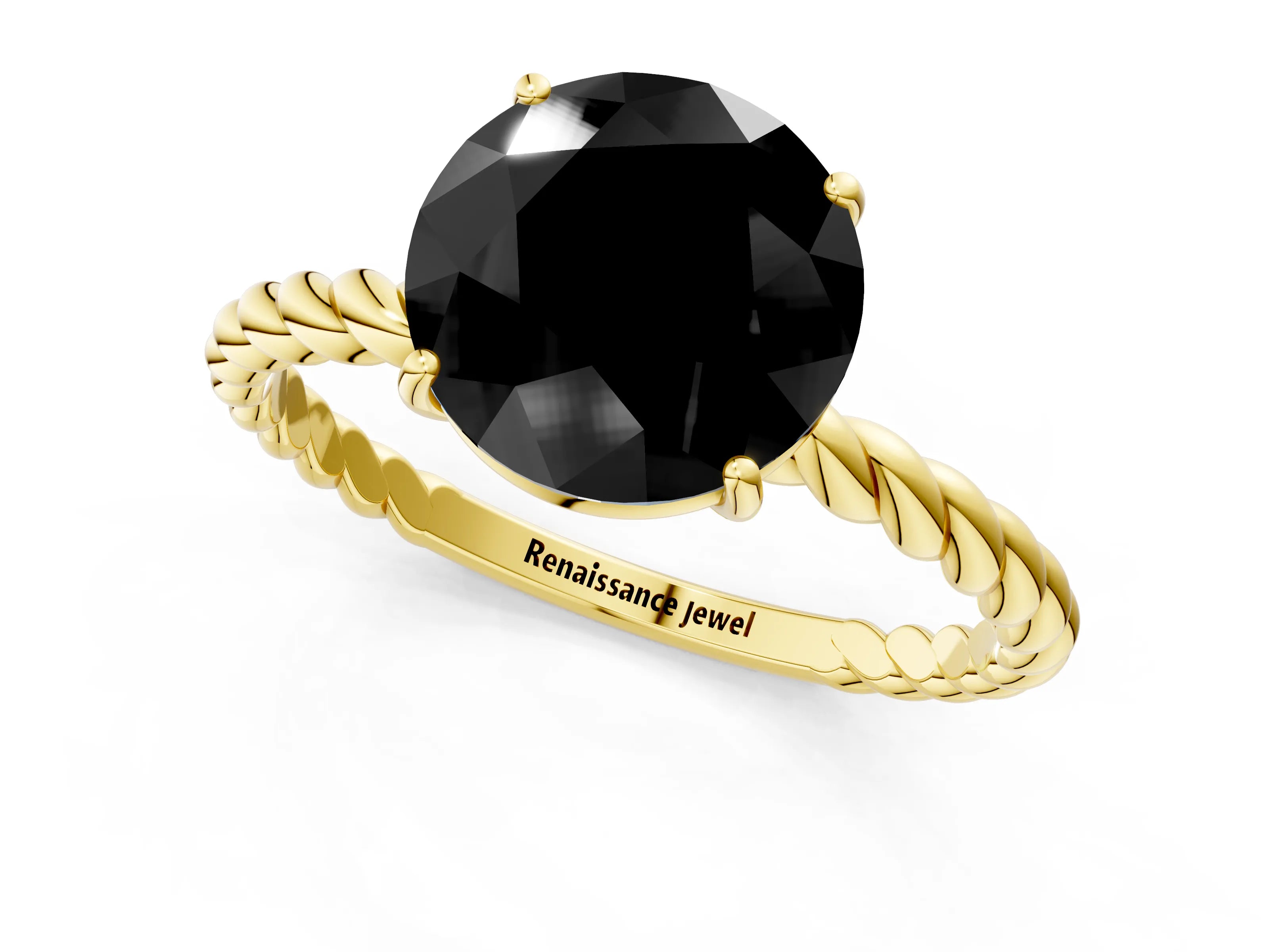 Yellow gold Fancy Black Round Cut Solitaire Twisted Band 4-Prong Ring_1