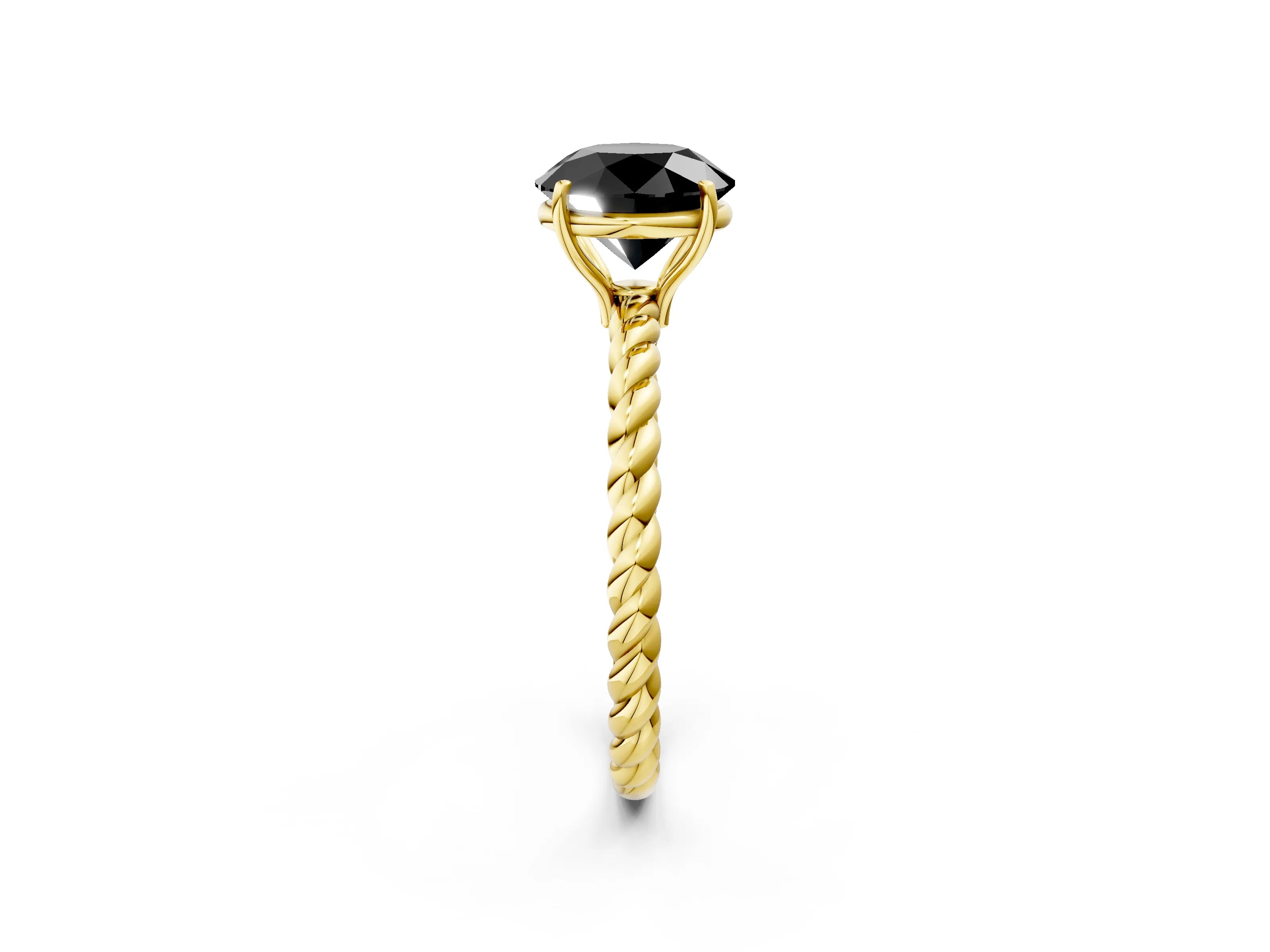 Yellow gold Fancy Black Round Cut Solitaire Twisted Band 4-Prong Ring_2