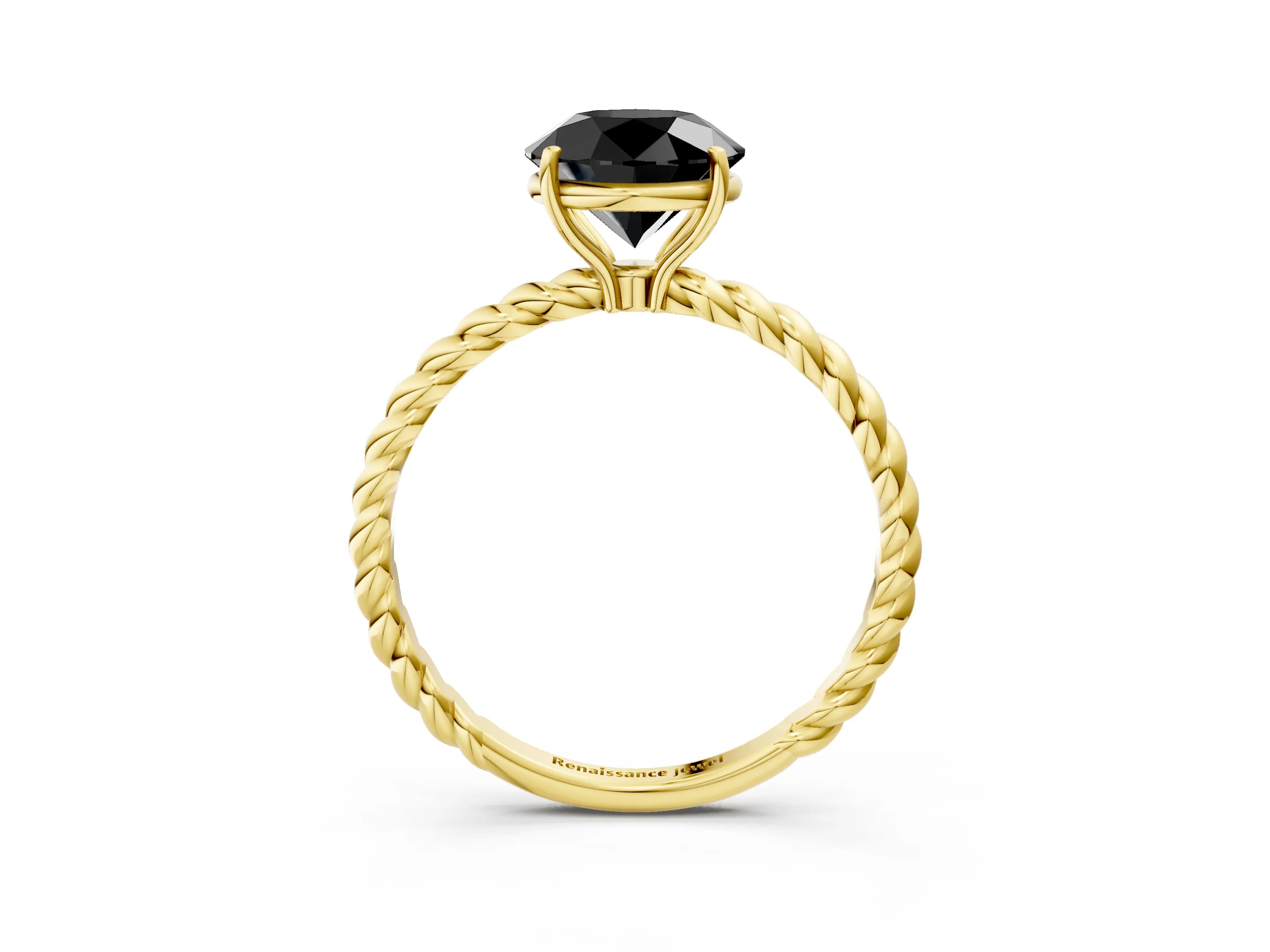 Yellow gold Fancy Black Round Cut Solitaire Twisted Band 4-Prong Ring_3