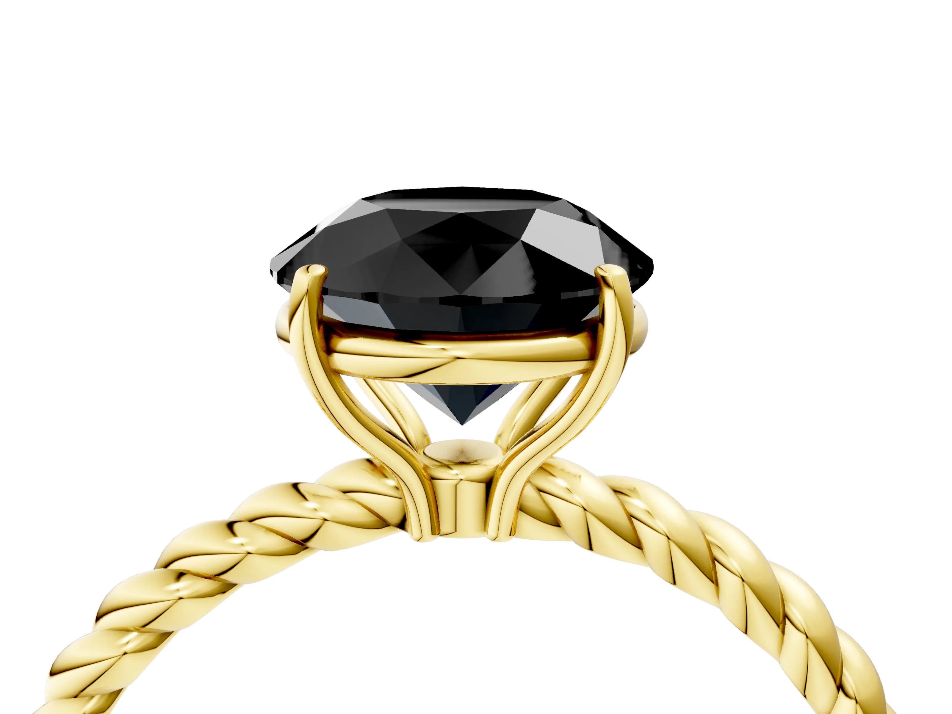 Yellow gold Fancy Black Round Cut Solitaire Twisted Band 4-Prong Ring_4