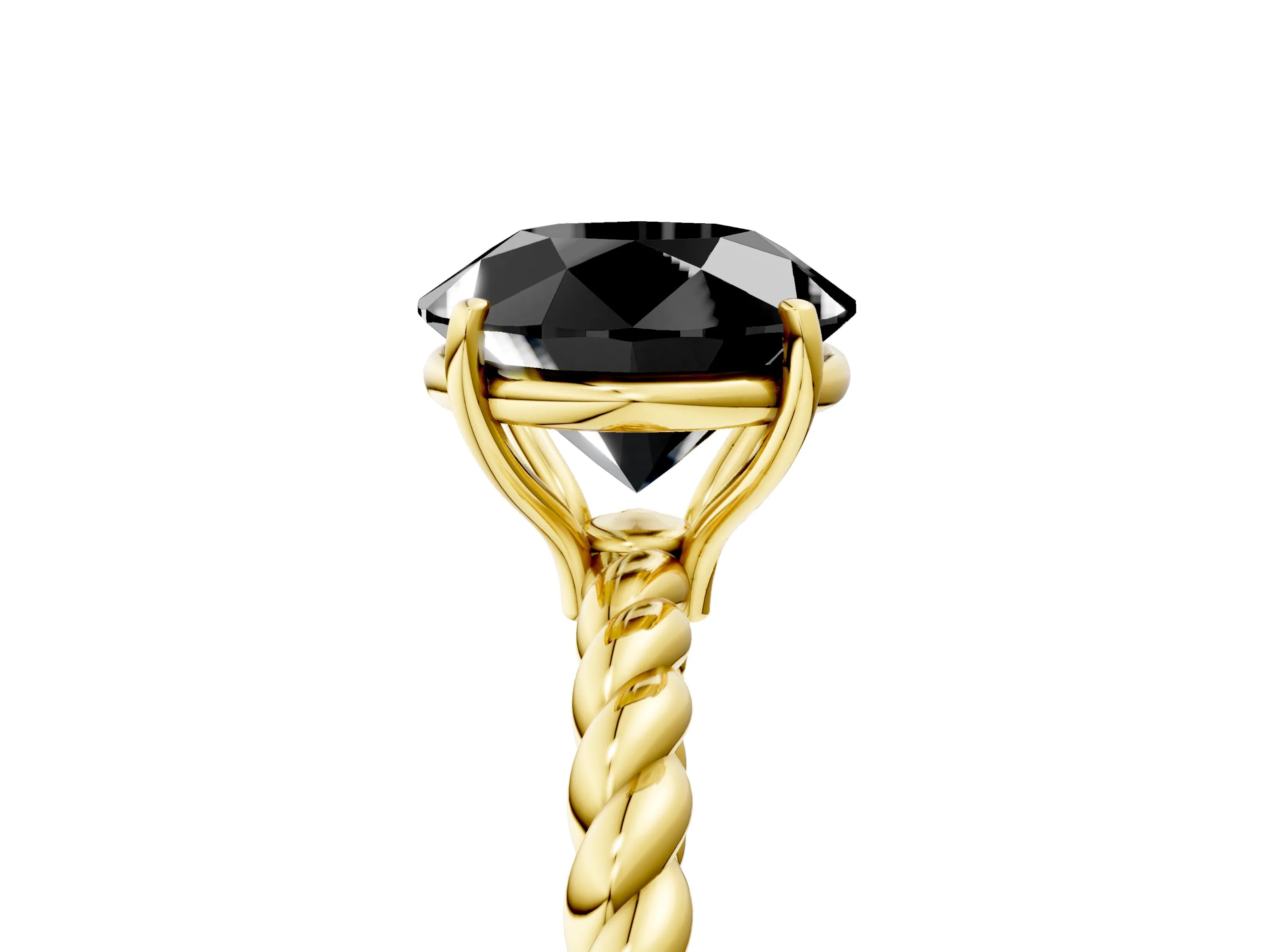 Yellow gold Fancy Black Round Cut Solitaire Twisted Band 4-Prong Ring_5