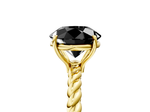 Yellow gold Fancy Black Round Cut Solitaire Twisted Band 4-Prong Ring_5