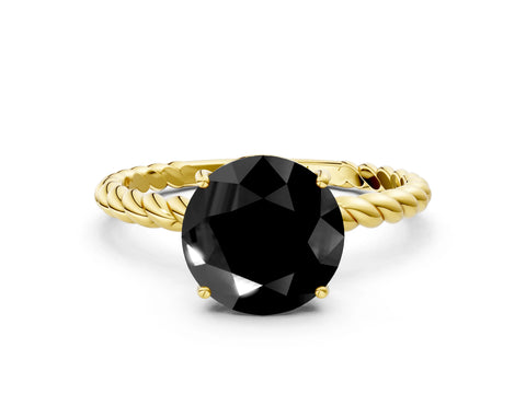 Yellow gold Fancy Black Round Cut Solitaire Twisted Band 4-Prong Ring