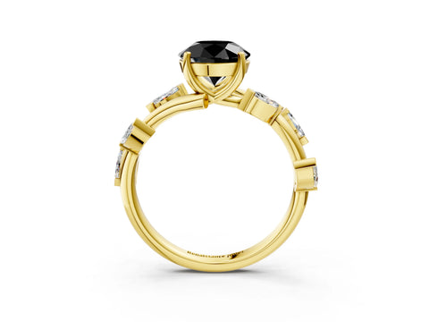 Yellow gold Fancy Black Round Cut Solitaire Twisted Band Marquise Accent Prong Setting Ring_15