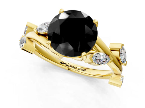 Yellow gold Fancy Black Round Cut Solitaire Twisted Band Marquise Accent Prong Setting Ring_1