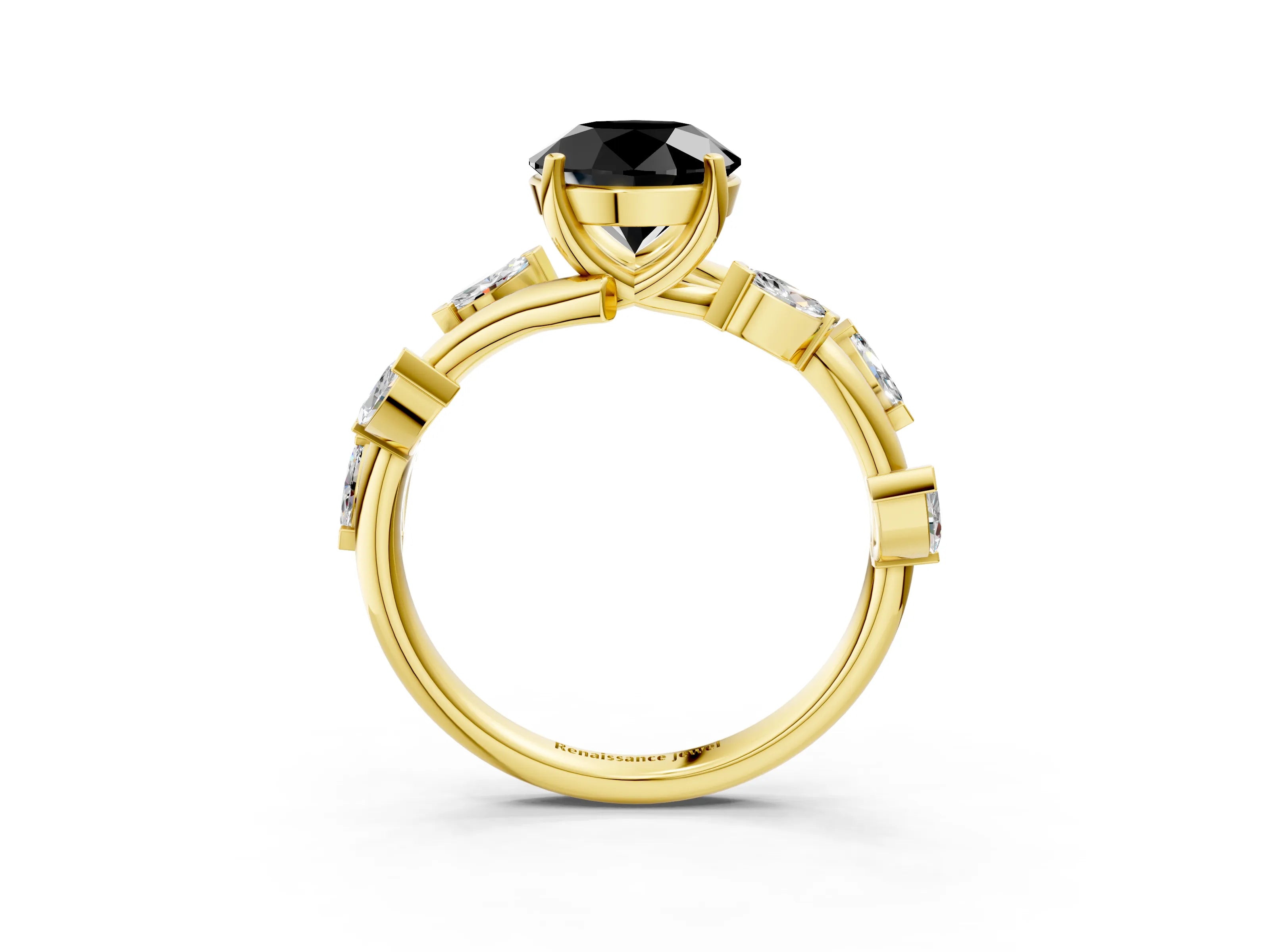 Yellow gold Fancy Black Round Cut Solitaire Twisted Band Marquise Accent Prong Setting Ring_3