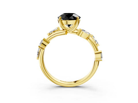 Yellow gold Fancy Black Round Cut Solitaire Twisted Band Marquise Accent Prong Setting Ring_3
