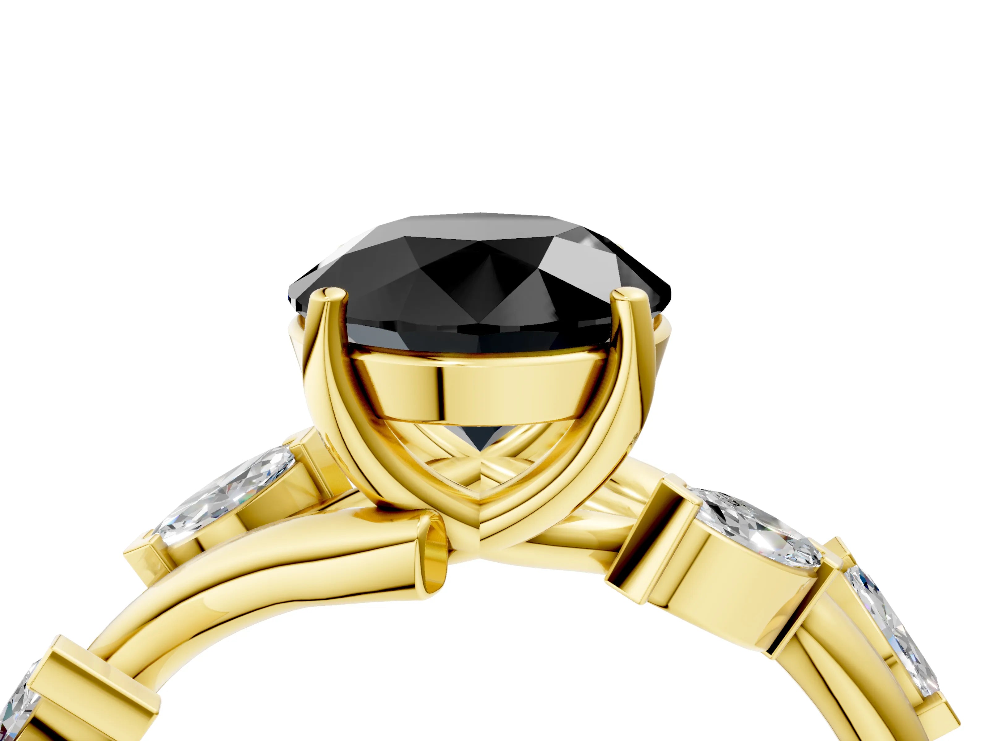 Yellow gold Fancy Black Round Cut Solitaire Twisted Band Marquise Accent Prong Setting Ring_4