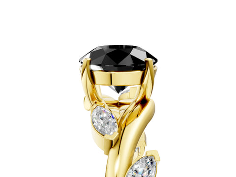 Yellow gold Fancy Black Round Cut Solitaire Twisted Band Marquise Accent Prong Setting Ring_5