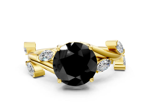 Yellow gold Fancy Black Round Cut Solitaire Twisted Band Marquise Accent Prong Setting Ring