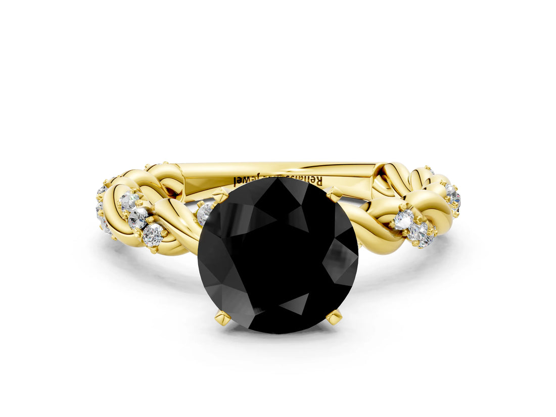 Yellow gold Fancy Black Round Cut Solitaire Twisted Band with Pavé Accents and Four-Prong Setting