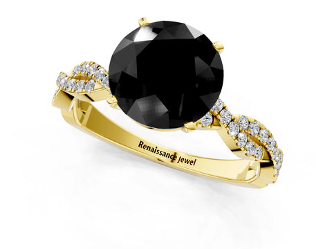 Yellow gold Fancy Black Round Cut Solitaire Twisted Pave Band with Four-Prong Setting_4
