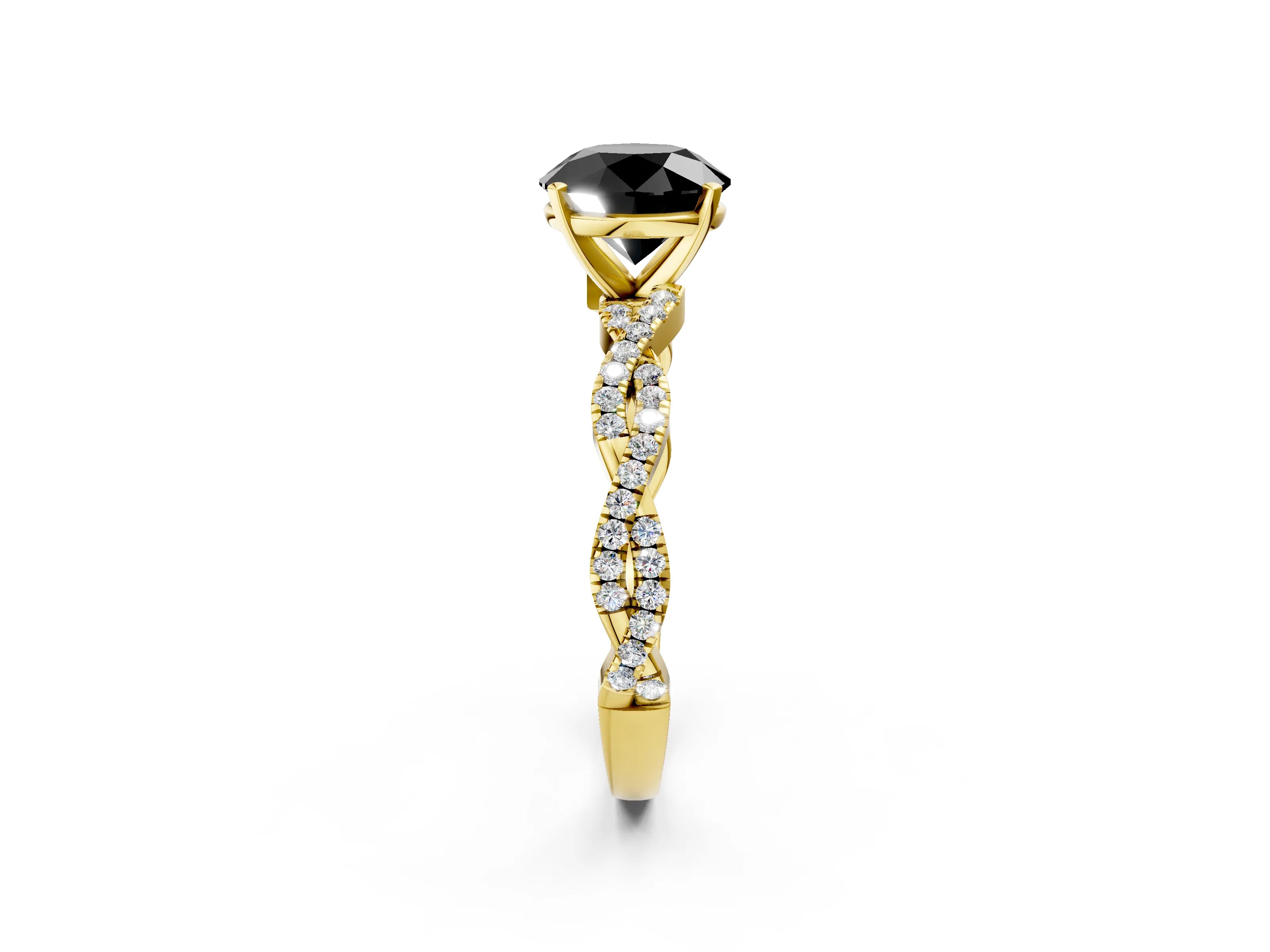 Yellow gold Fancy Black Round Cut Solitaire Twisted Pave Band with Four-Prong Setting_5