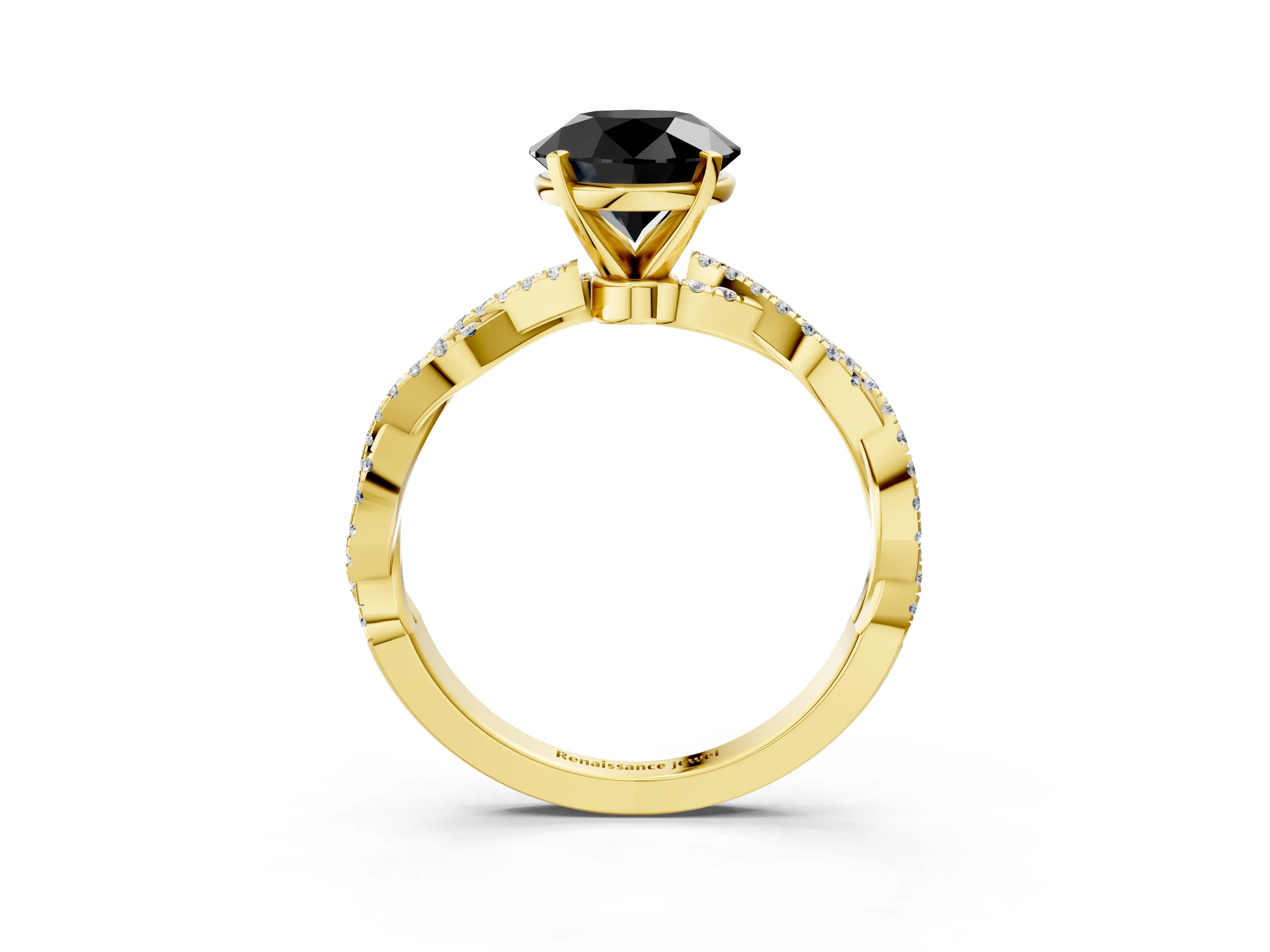 Yellow gold Fancy Black Round Cut Solitaire Twisted Pave Band with Four-Prong Setting_6
