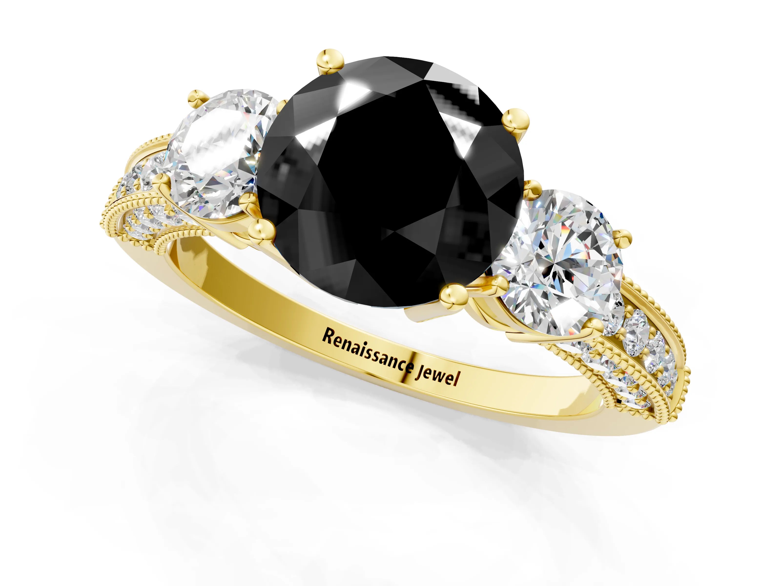 Yellow gold Fancy Black Round Cut Three-Stone Diamond Ring with Pavé Band and Four-Prong Setting_1